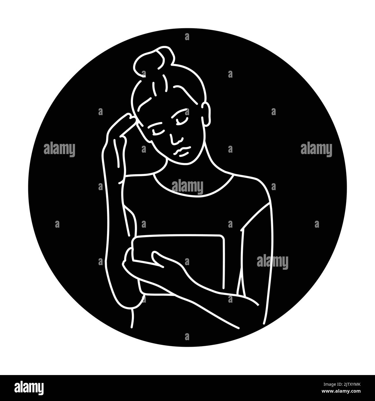 Thoughtful girl studies on a tablet color line illustration. Behavior of people Stock Vector