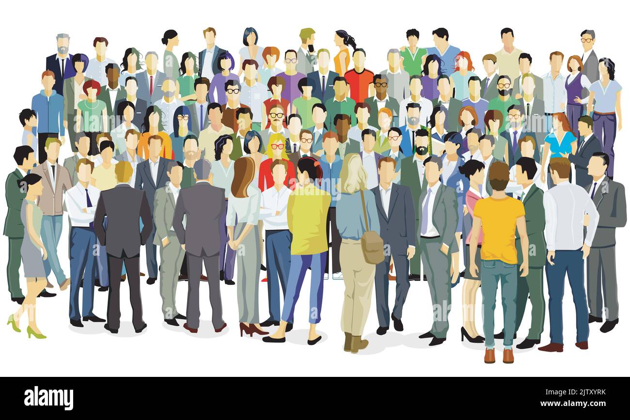 A large colorful group of people together, on white background. Illustration Stock Vector