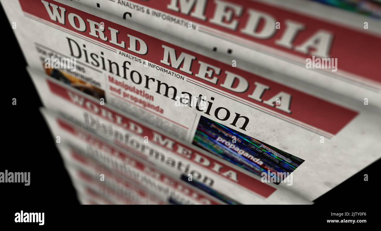 Disinformation fake news, manipulation and propaganda. Newspaper print. Vintage press abstract concept. Retro 3d rendering illustration. Stock Photo