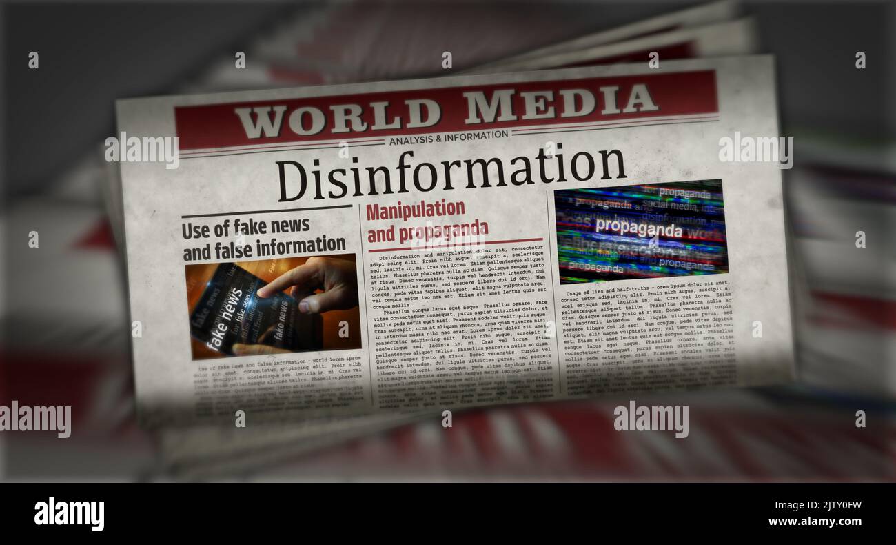 Disinformation fake news, manipulation and propaganda. Newspaper print. Vintage press abstract concept. Retro 3d rendering illustration. Stock Photo