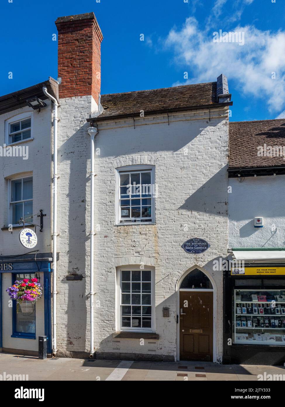 Wing of building on Widemarsh St with plaque marking the site of the birthplace of David Garrick Hereford Herefordshire England Stock Photo