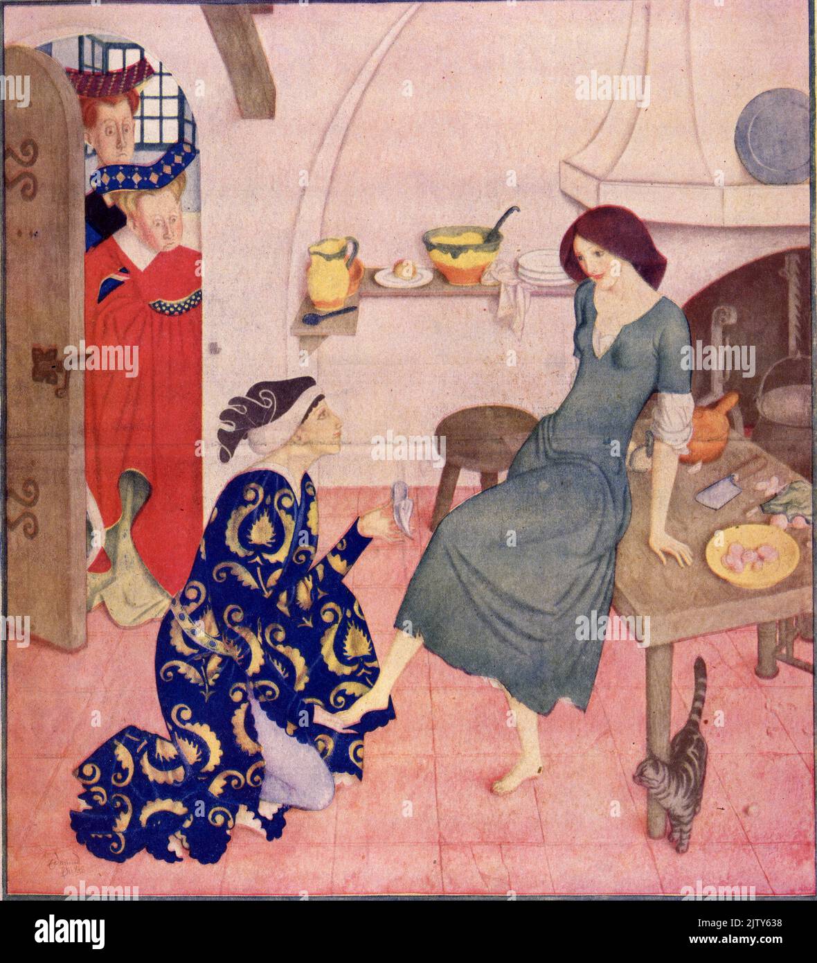 'Cinderella and Prince Charming' published April 10,1932 in the American Weekly painted by Edmund Dulac for the 'Enchanting Fairyland Lovers' series. Stock Photo