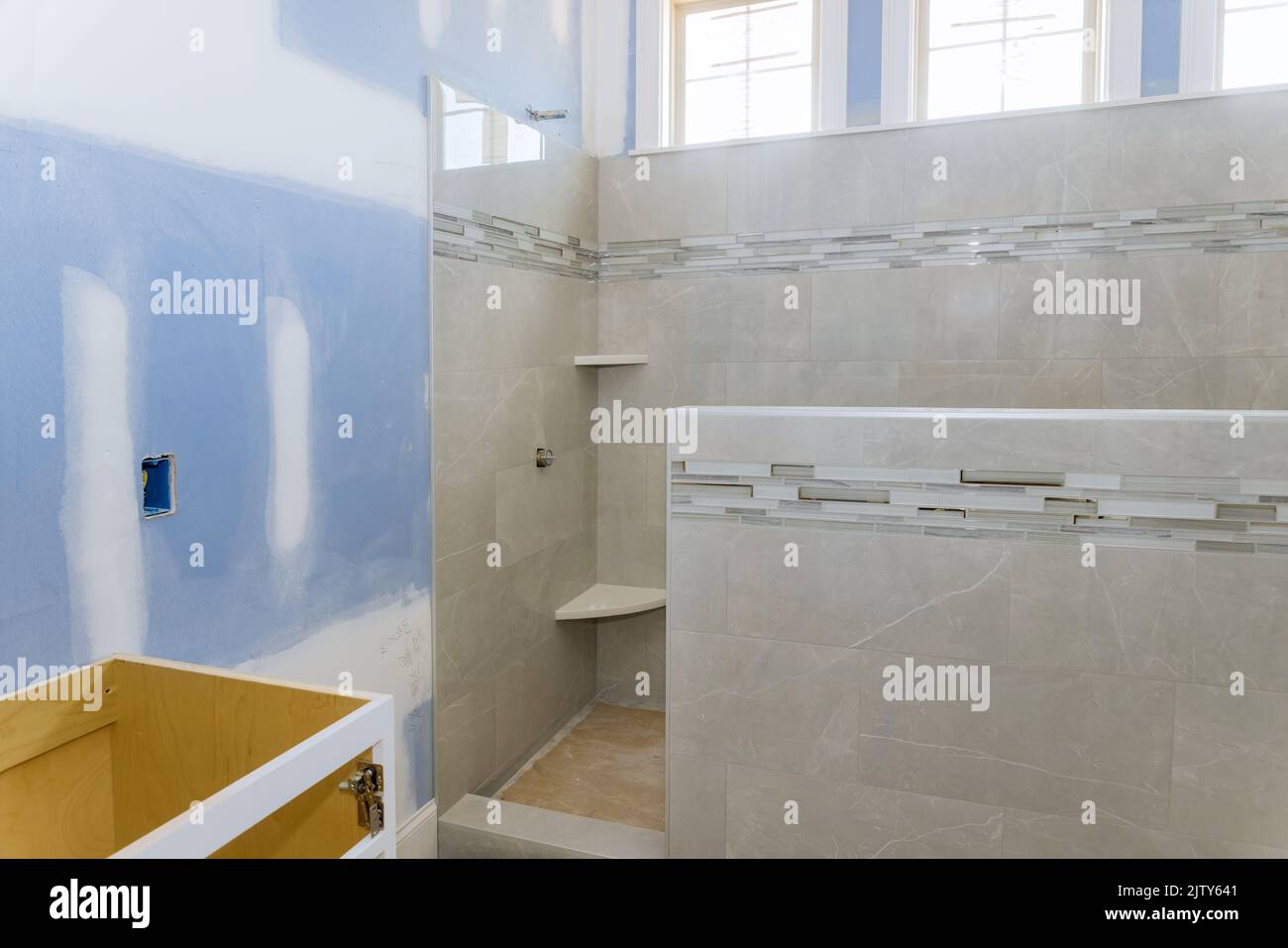 Designer renovation construction bathroom with interior of master