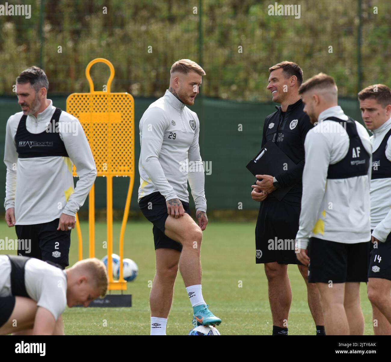 Oriam Sports Centre Edinburgh.Scotland UK.2nd.Sept 22 Hearts new signing Stephen Humphrys chats with coach Lee McCulloch during training session for Cinch Premiership match vs Livingston Credit: eric mccowat/Alamy Live News Stock Photo