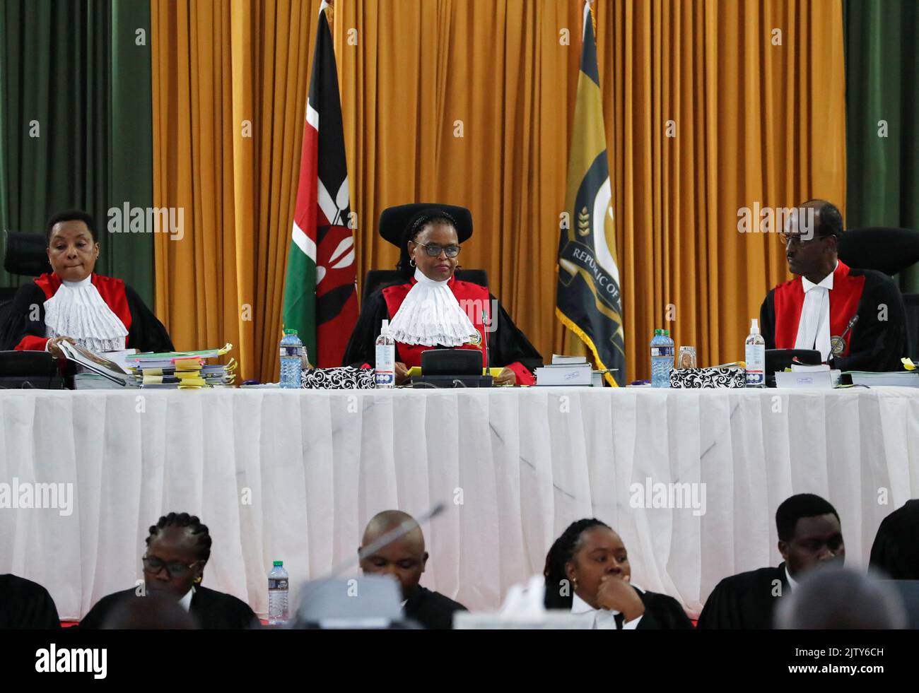 Kenya's Supreme Court judges led by Chief Justice Martha Koome flanked by her deputy, Philomena Mwilu and Supreme Court judge Mohammed Ibrahim attend the final hearing day over a petition seeking to invalidate the outcome of the recent presidential election, at the Supreme Court in Nairobi, Kenya September 2, 2022. REUTERS/Thomas Mukoya Stock Photo