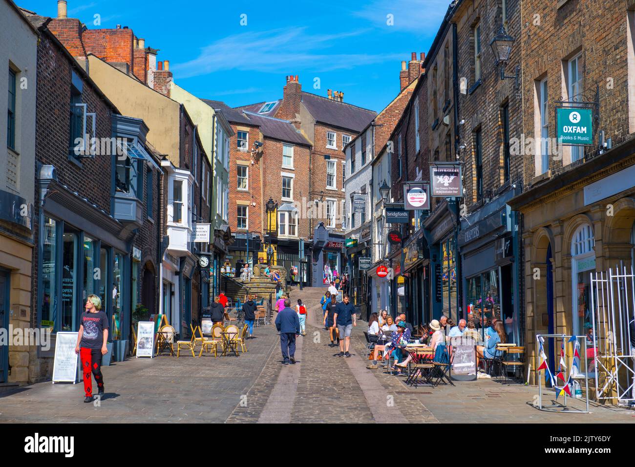 Historic commercial buildings on Elvet Bridge Street in historic city