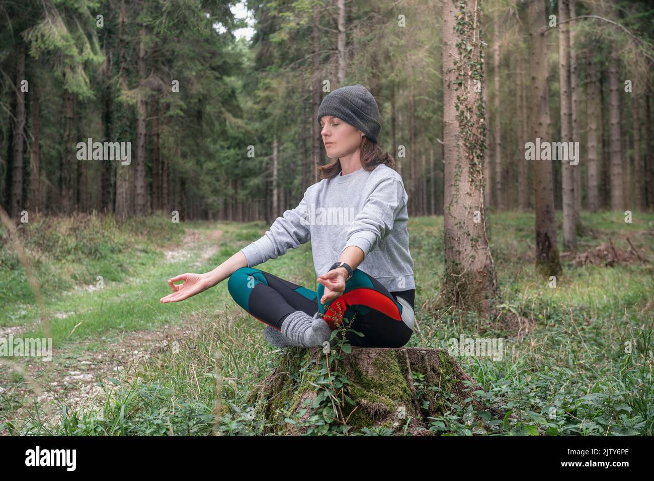 Yoga woman sitting and meditating in a forest Stock Photo - Alamy