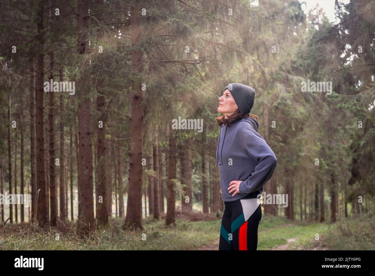 Portrait of female runner with hands on hips in a forest, resting after a run or exercise. Stock Photo