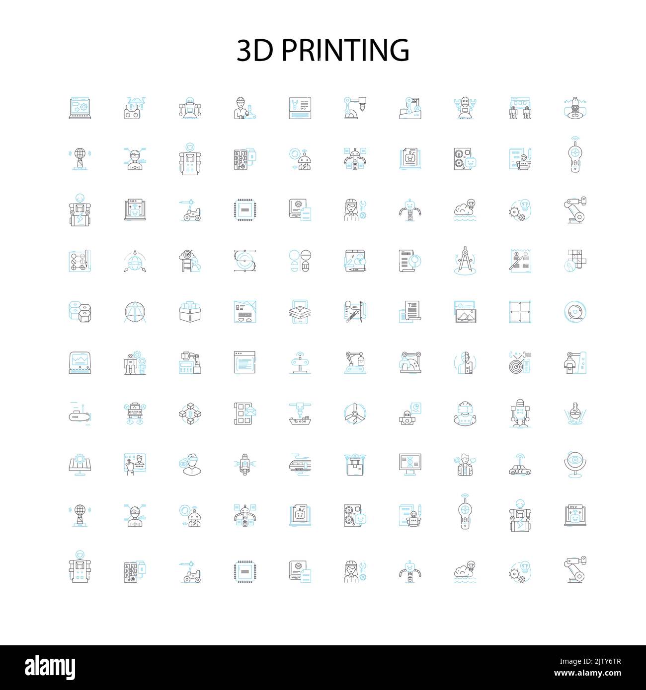 3d printing icons, signs, outline symbols, concept linear illustration line collection Stock Vector