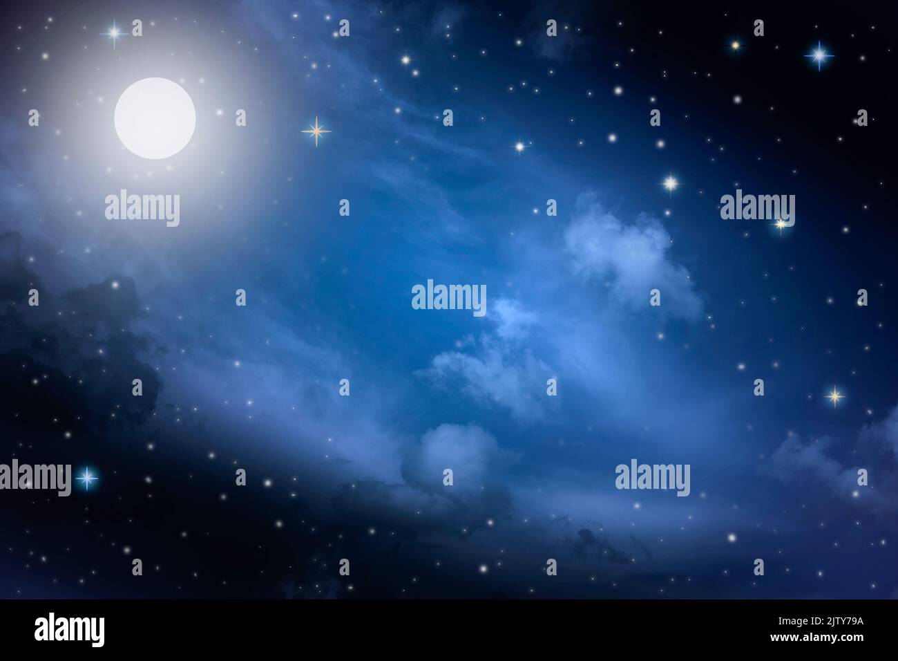 Starry night sky with stars and moon in cloudscape background Stock ...