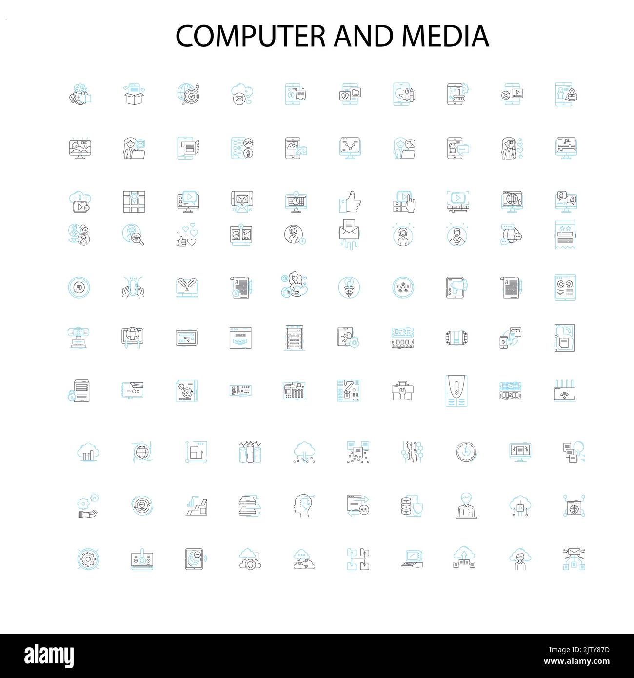 computer and media icons, signs, outline symbols, concept linear ...