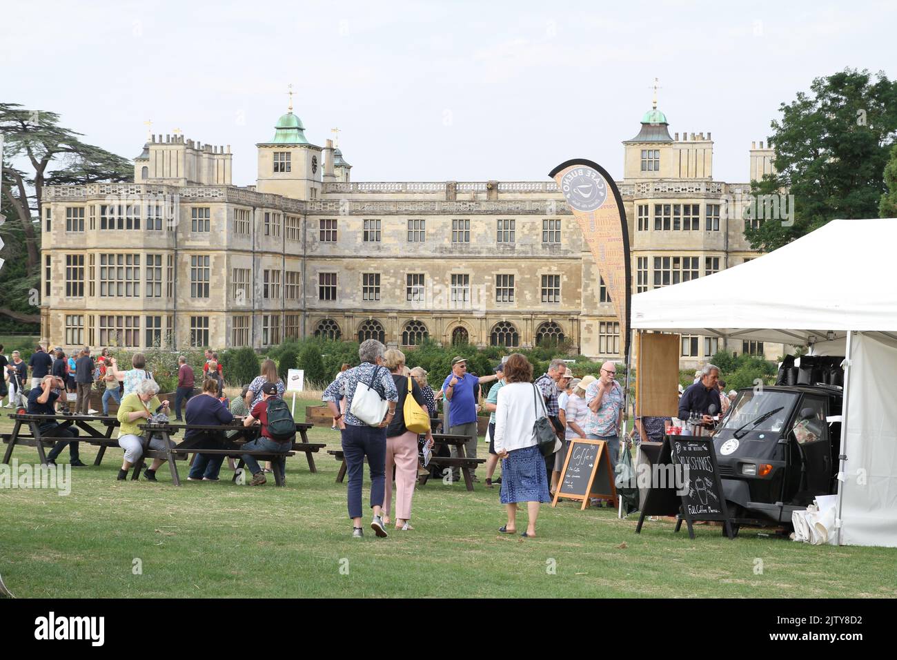 The first ever BBC Gardeners' World Autumn Fair is taking place at Audley End House in Essex. BBC Good Food Market area with plenty of people enjoying the food and drink on offer. Stock Photo