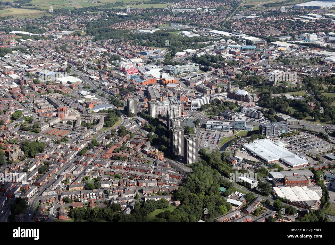 aerial view of Rochdale from the west looking east across the town centre, with the Asda supermarket prominent bottom right of the picture Stock Photo