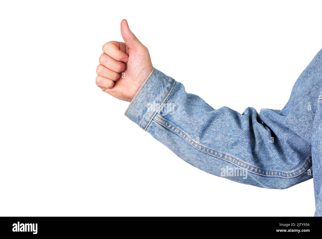 Male wearing denim jacket with thumbs up sign isolated on white with copy space Stock Photo