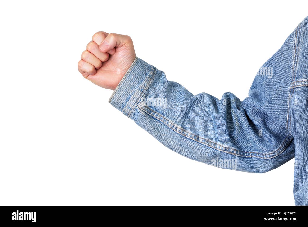 Male wearing denim jacket with clenched fist isolated on white Stock Photo