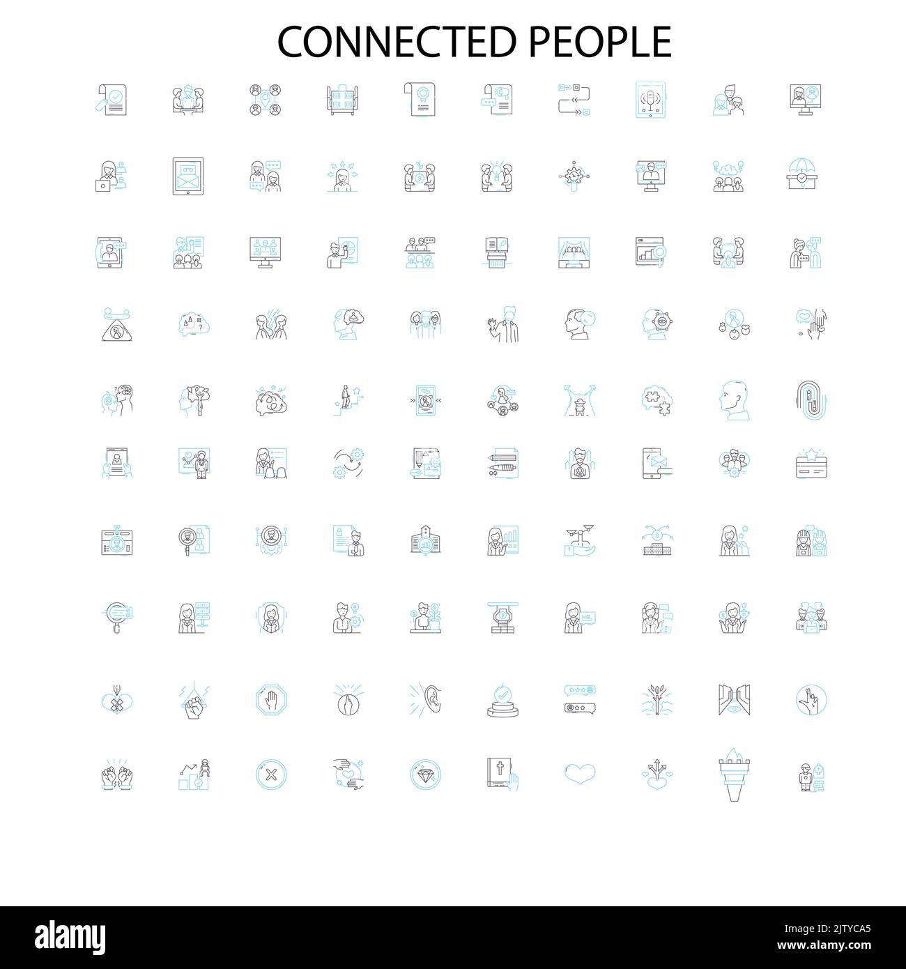 connected people icons, signs, outline symbols, concept linear illustration line collection Stock Vector