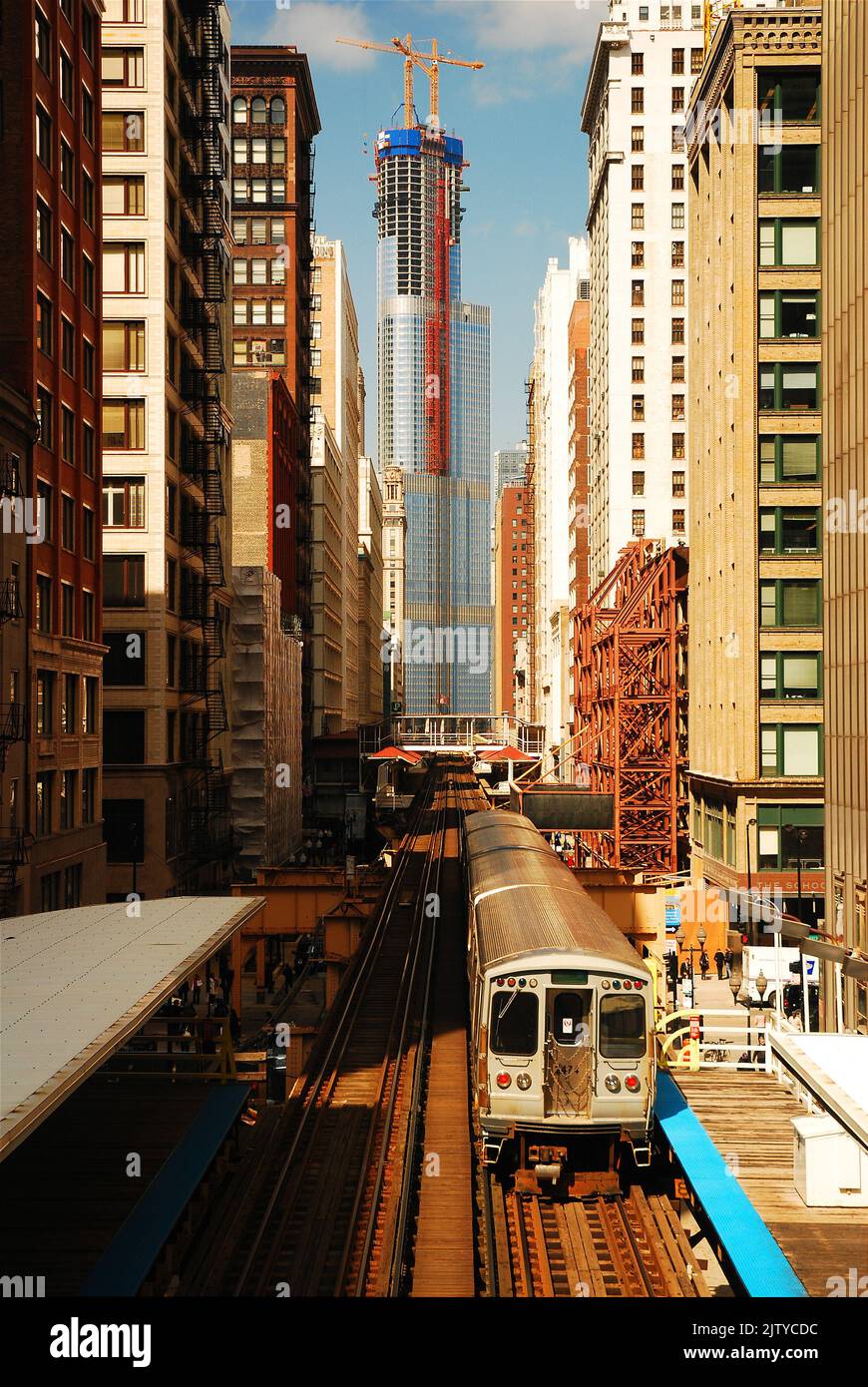 An L train pulls into the station in the Loop, the business center of Chicago Stock Photo