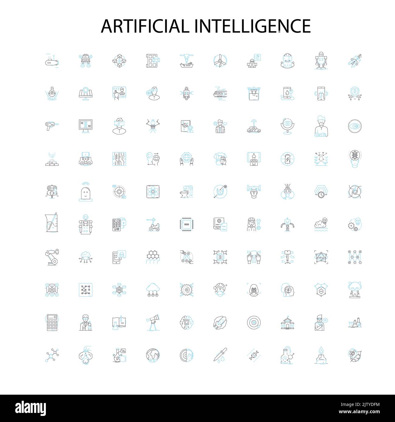 artificial intelligence and future robot technology icons, signs, outline symbols, concept linear illustration line collection Stock Vector