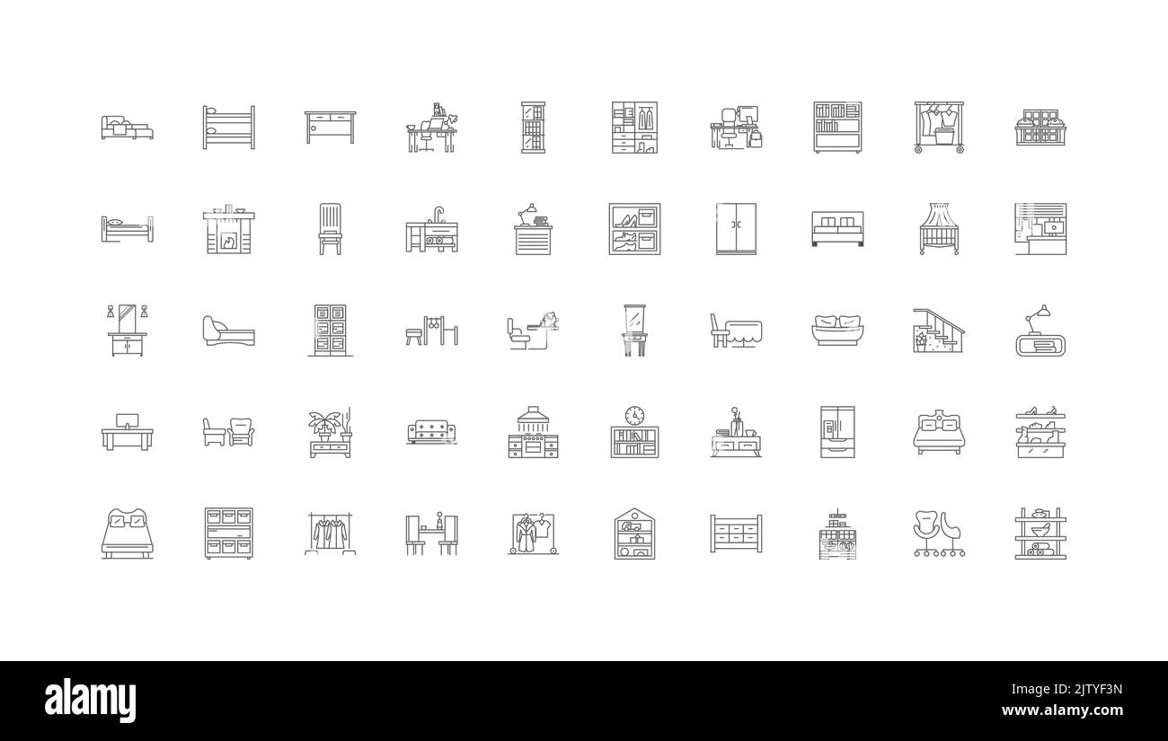 Furniture concept illustration, linear icons, line signs set, vector collection Stock Vector