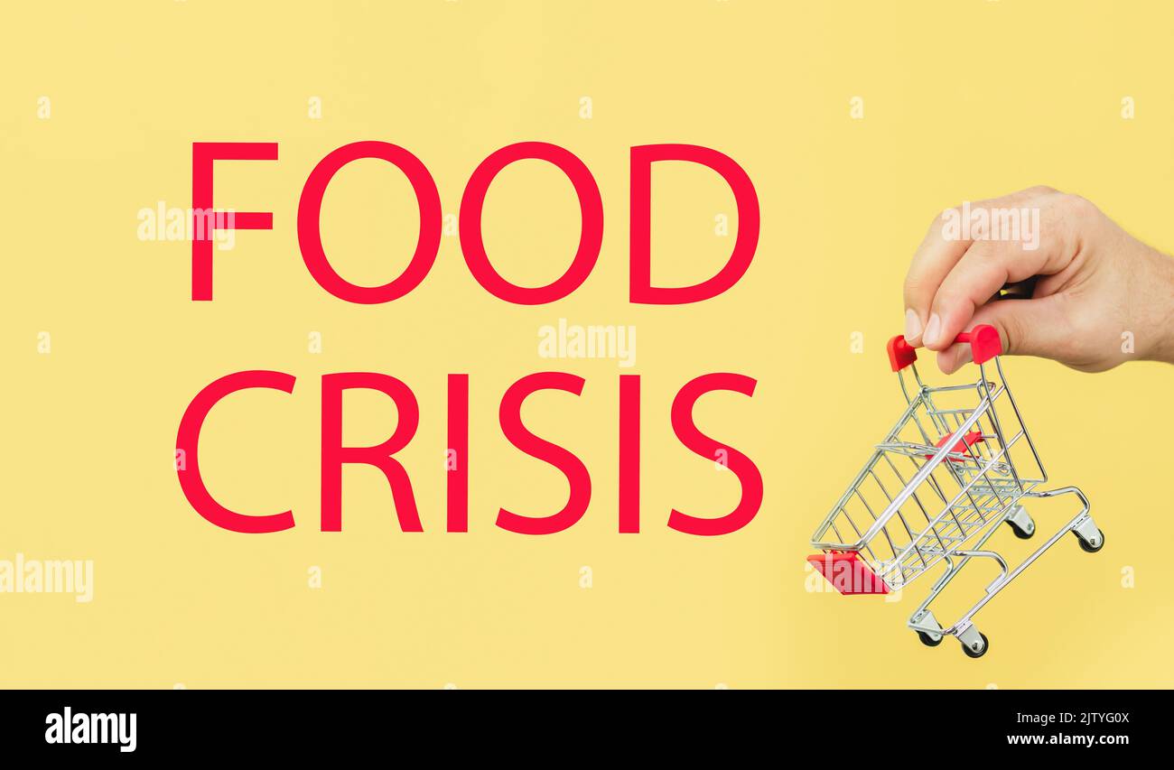 Man holding small empty shopping cart. Words FOOD CRISIS on yellow