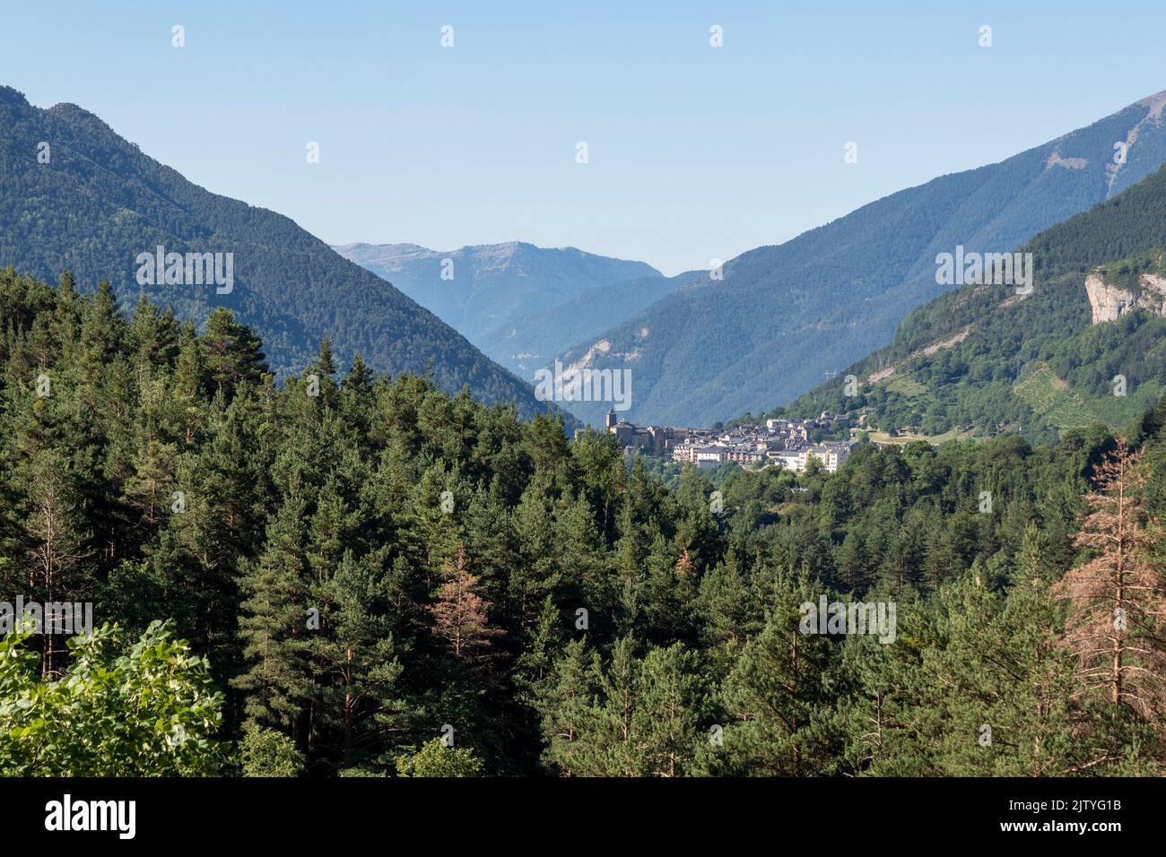 Spanish town of Torla in the Aragonese Pyrenees surrounded by forests Stock Photo
