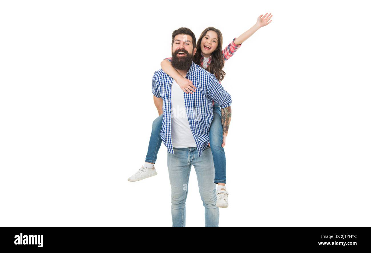 Fathers day. Father example noble human. Father little daughter. Best friends. Dad strong piggybacking adorable child. Having fun. Happiness being Stock Photo
