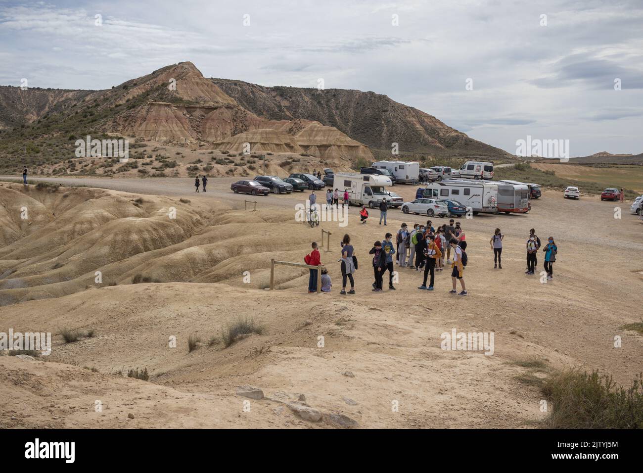 NAVARRA, SPAIN-MAY 5, 2021: Tourists in Badlans of Navarre (Bardenas Reales de Navarra) dessert in the middle of Spain. Stock Photo
