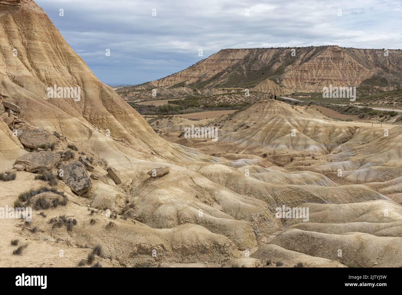 NAVARRA, SPAIN-MAY 5, 2021: Tourists in Badlans of Navarre (Bardenas Reales de Navarra) dessert in the middle of Spain. Stock Photo