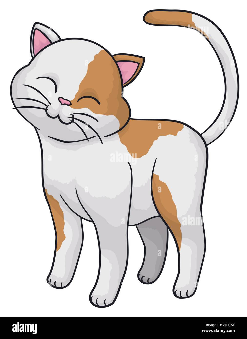 Isolated design of standing cute cat with fur and brown spots, over