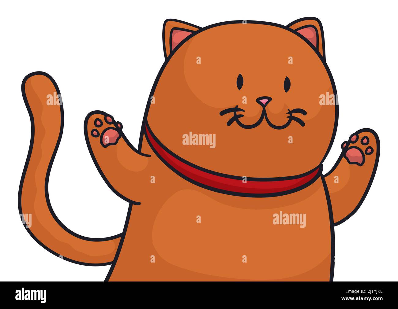 Affectionate cat with orange fur, red collar and open arms welcoming to you. Stock Vector