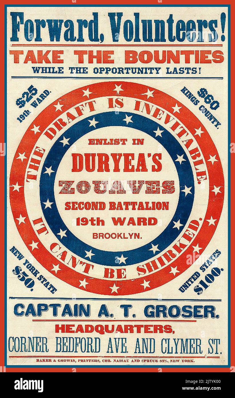Vintage 1860 American Civil War Recruitment Poster for the Union Army 'Forward Volunteers Take The Bounties While The Opportunity Lasts'  The American Civil War (April 12, 1861 – May 26, 1865; also known by other names) was a civil war in the United States. It was fought between the United States (the Union or 'the North'), and the Confederacy ('the South'), which was formed by states that seceded. Stock Photo