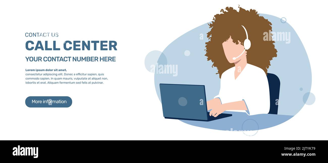 Contact center banner over white background. Business person with laptop. Vector template. Stock Vector