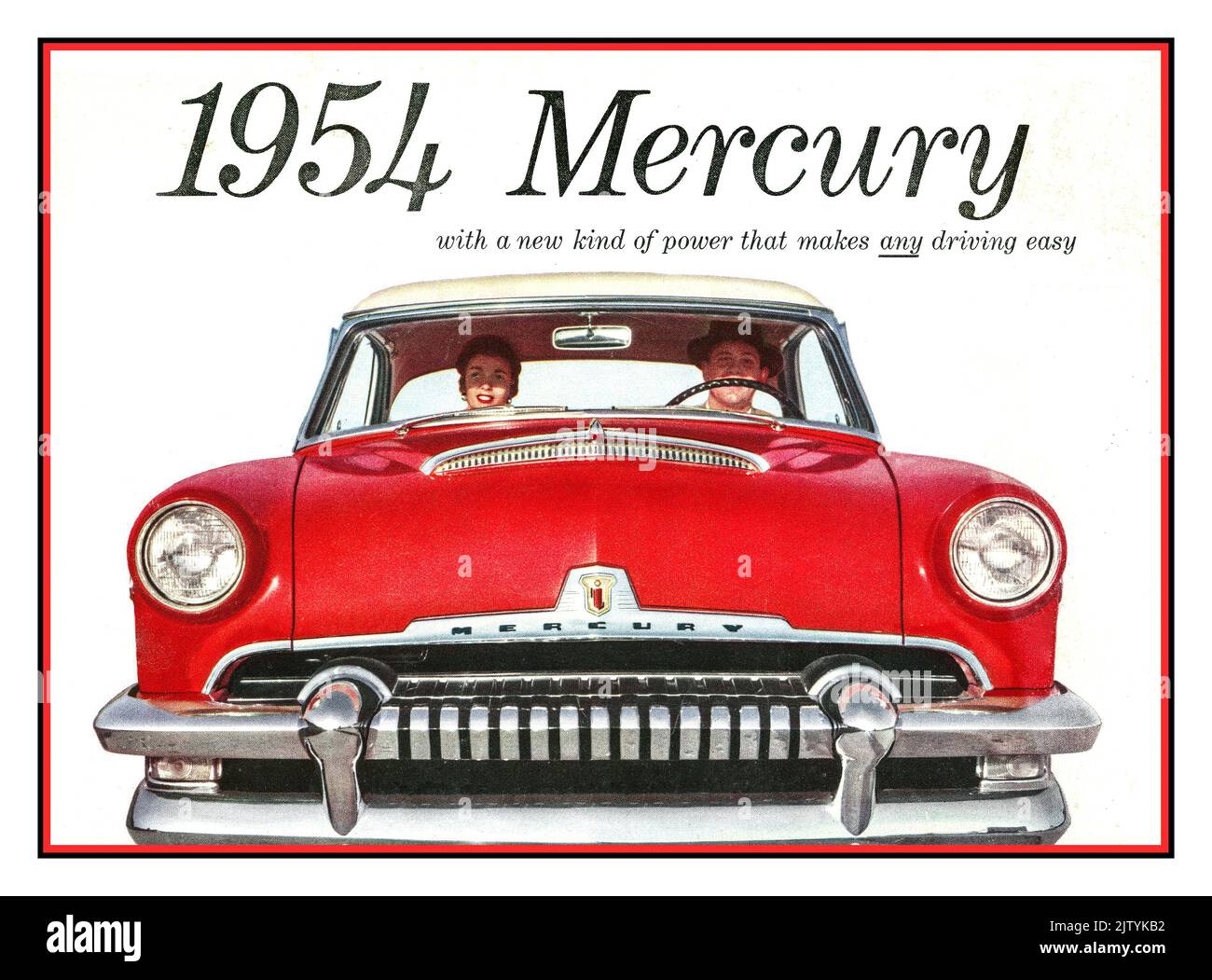 1954 American Mercury Deluxe Automobile Brochure fold out advertising image on white background, with American middle class couple enjoying the interior of the automobile. Advertising copy line : “with a new kind of power that makes any driving easy” America USA Stock Photo