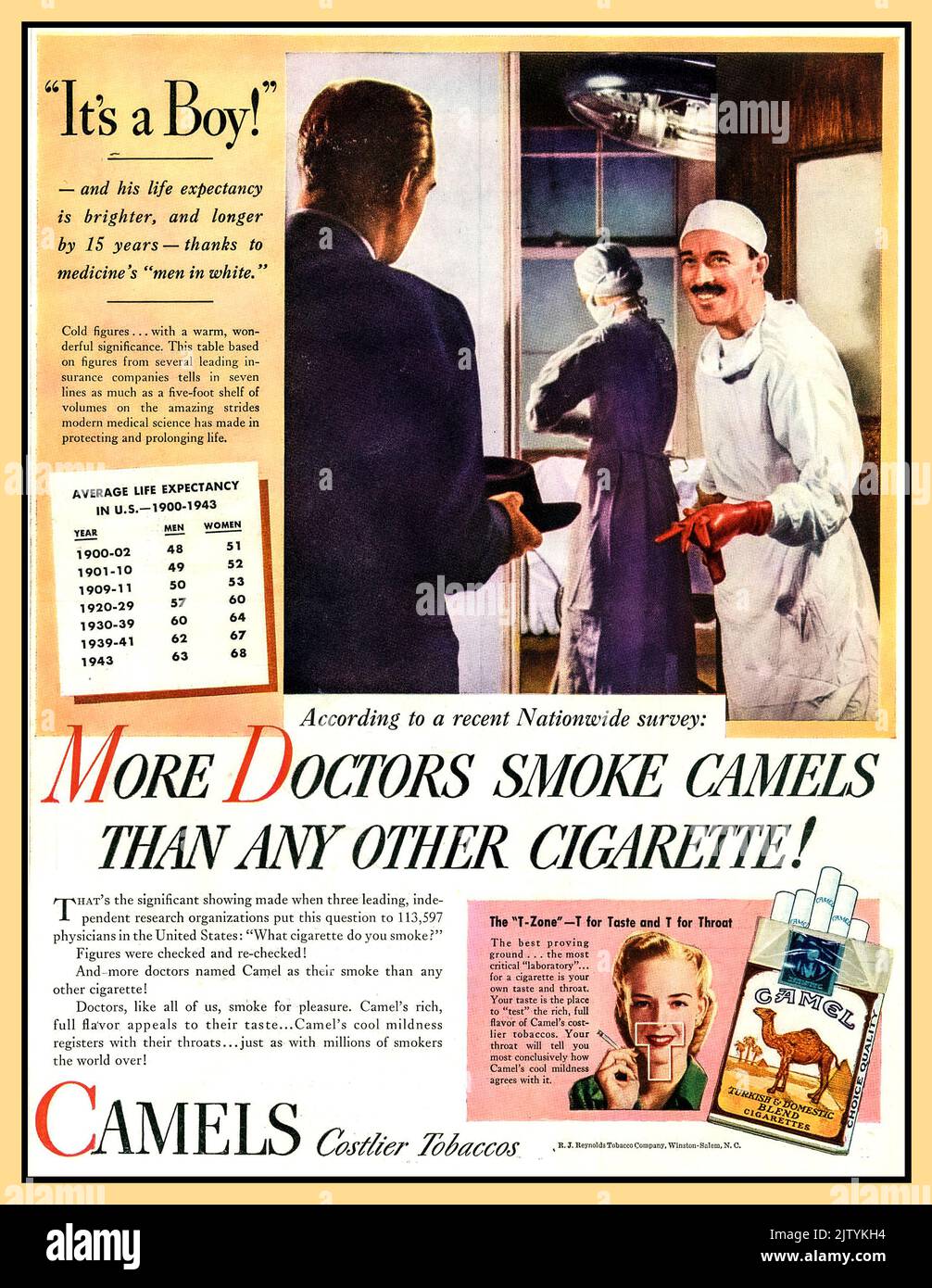 1950s  Cigarette Advertising Doctors Cigarette Smoking Endorsement 'More Doctors Smoke Camels than any other cigarette.' Camel Cigarette Advertising in America USA Stock Photo