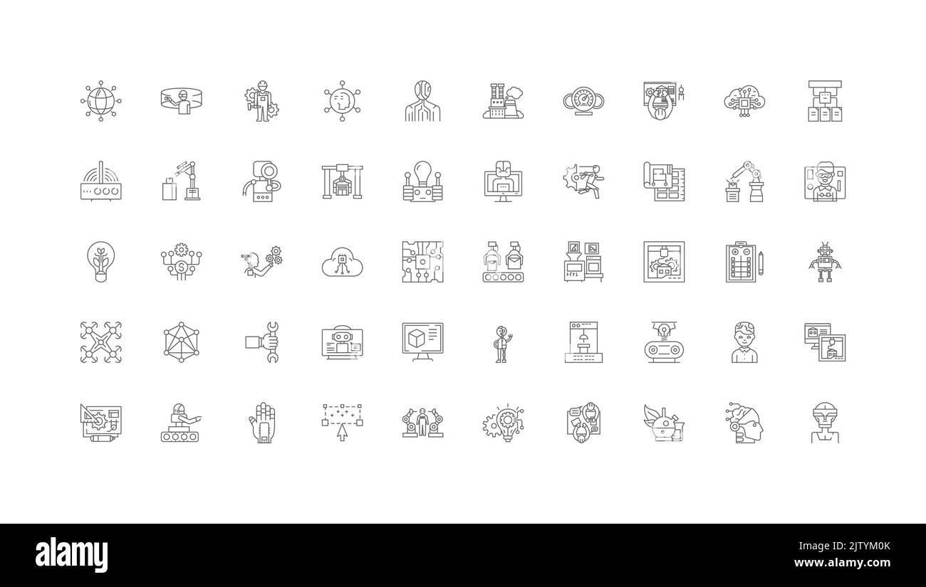 Future technologies concept illustration, linear icons, line signs set, vector collection Stock Vector