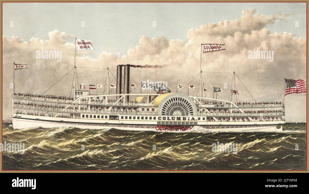 Paddle Steamer Columbia Vintage 1877 Illustration lithograph of Columbia 'The New Excursion Steamer' 'Gem of The Ocean' The largest Steamboat Paddle Steamer ever built for the excursion business. America USA Stock Photo