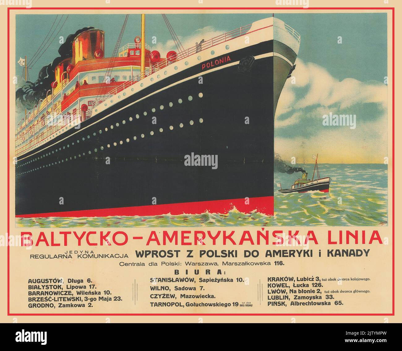 SS Polonia Polish Cruise Liner America Line 1930s Poster Advertising. The Baltic-America line, the only regular Ocean Liner transport directly from Poland to America and Canada. artist Zaspicki Poland Stock Photo