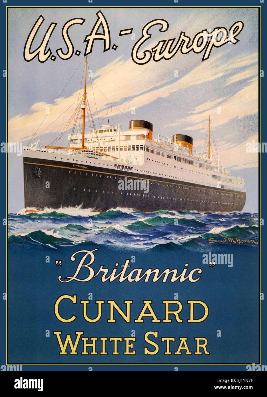 CUNARD BRITANNIC Vintage 1930’s Cruise Ship Ocean Liner Cunard ‘Brittanic’ White Star Line USA-Europe MV Brittanic Cunard Ocean Liner under White Star Flag USA-Europe Stock Photo