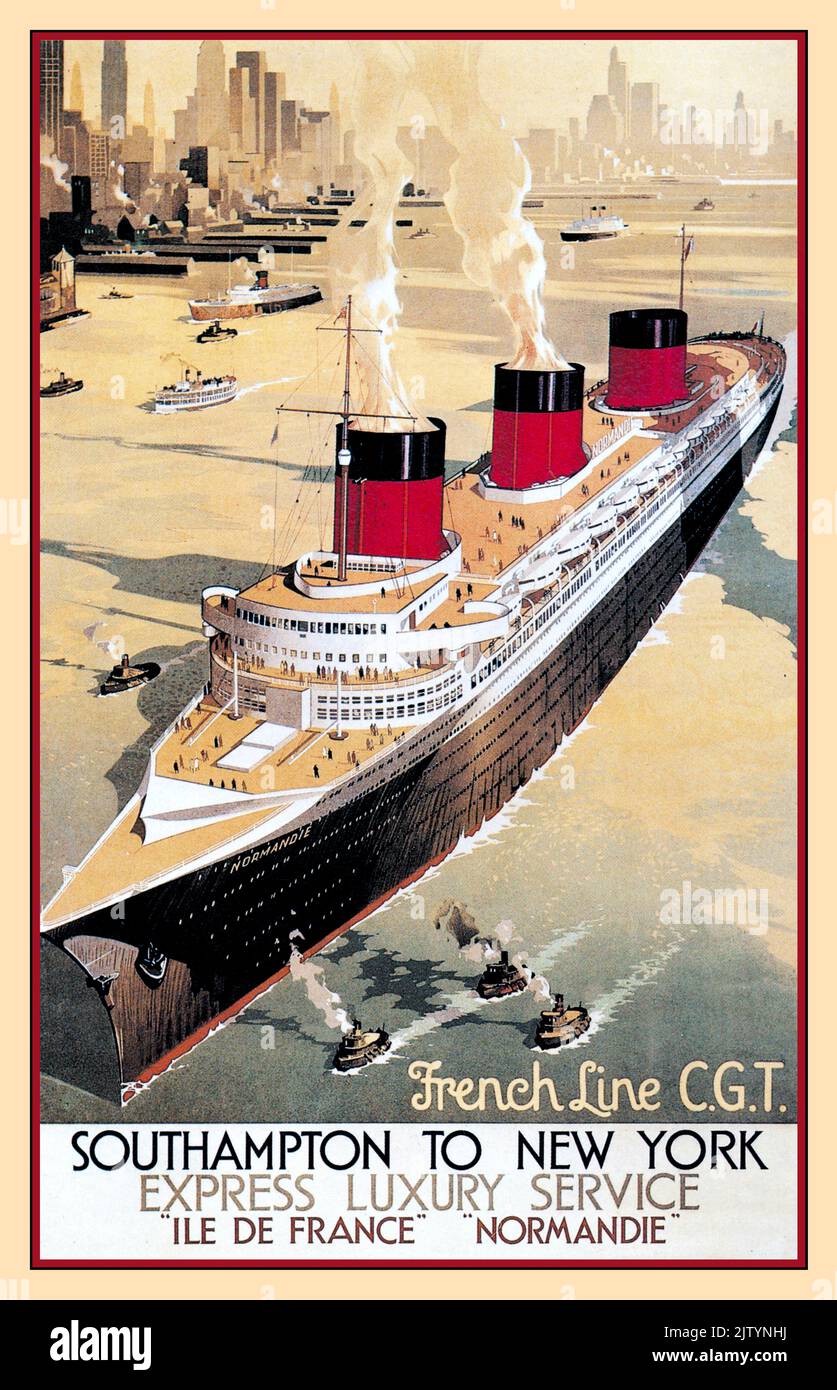 Vintage 1936 French Line NORMANDIE CGT 'ILE DE FRANCE' Travel Ocean Liner Poster Southampton to New York. [Express Luxury Service] Stock Photo