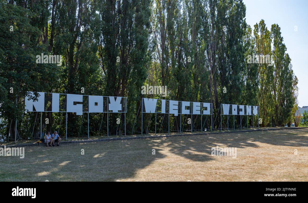 A picture of the Polish sign that reads 'No More War' in Westerplatte. Stock Photo