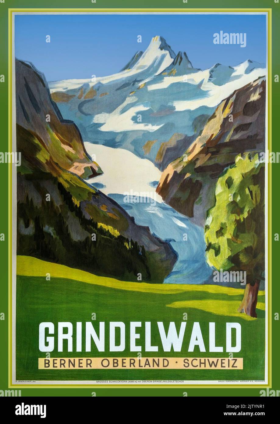 Vintage Travel Poster Grindelwald, Berner Oberland, Schweiz Hans JEGERLEHNER circa 1942 a village in Switzerland’s Bernese Alps, is a popular gateway for the Jungfrau Region, with skiing in winter and hiking in summer. It's also a base for mountain-climbing ascents up the iconic north face of Eiger Mountain. BERNER OBERLAND SCHWEIZ Stock Photo