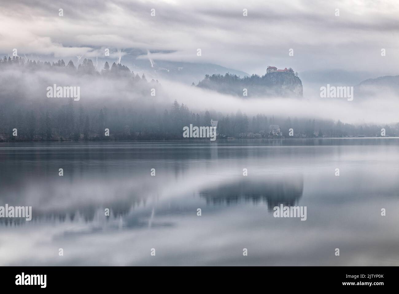 Bled Castle and Lake Bled at dawn, Bled, Slovenia Stock Photo