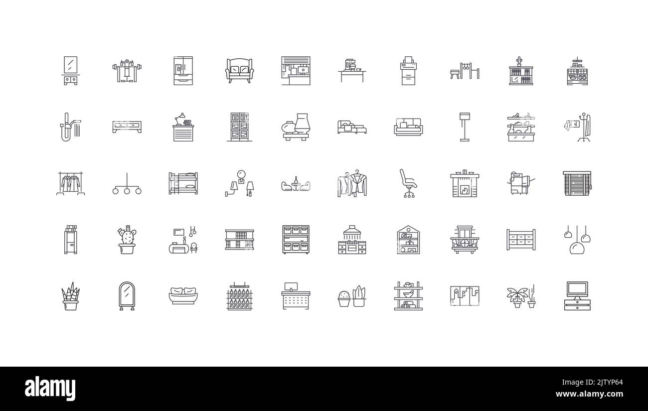 Interior design concept illustration, linear icons, line signs set ...