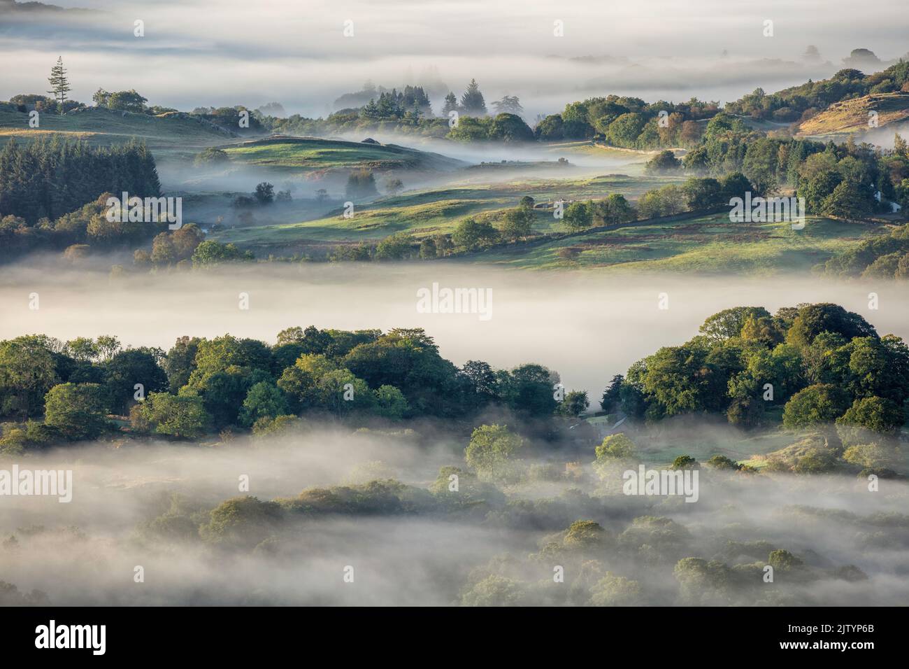 Misty View from Loughrigg Fell, Lake District National Park, Cumbria, England, UK Stock Photo