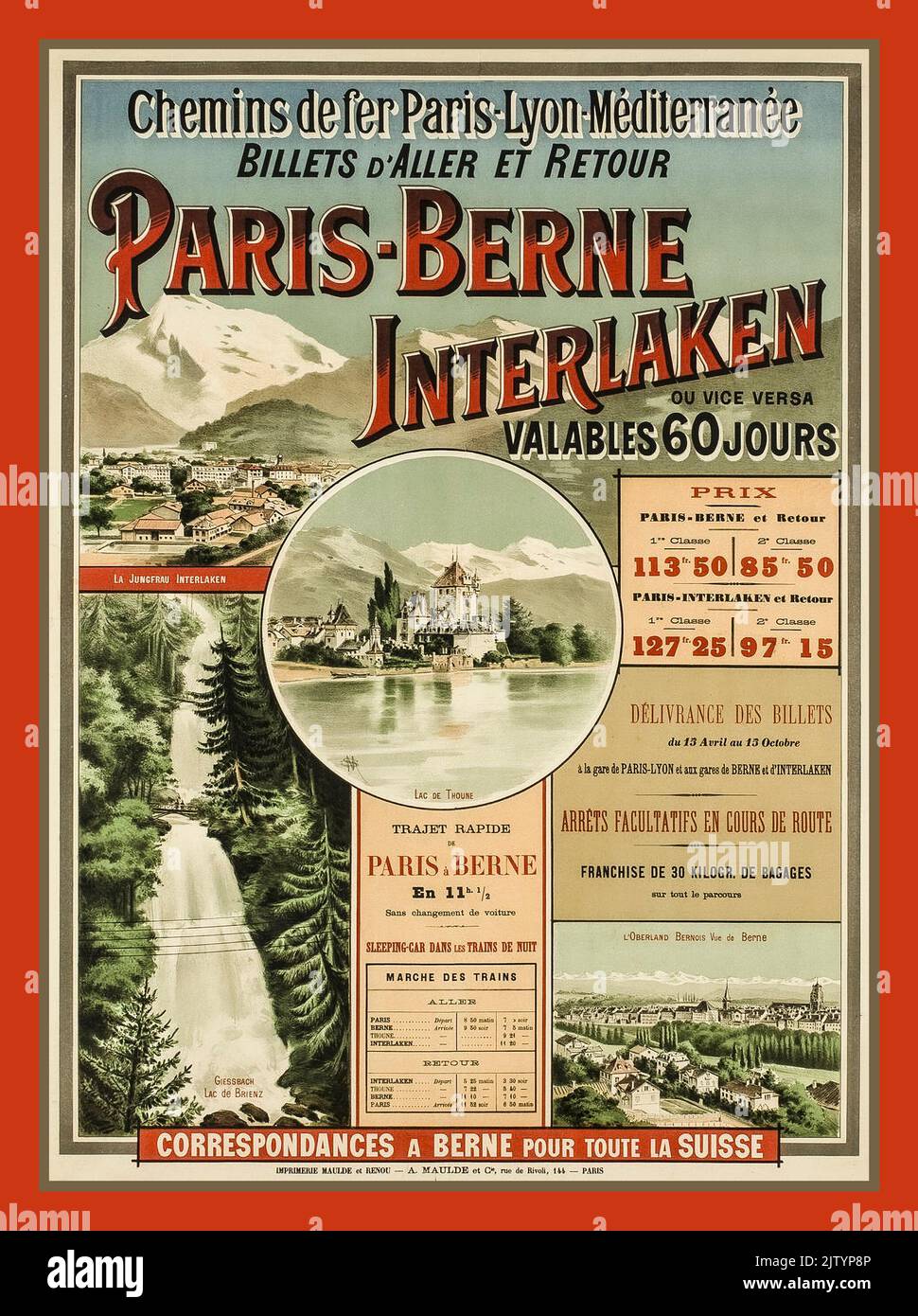 Vintage 1900s  PLM Travel Poster Paris-Berne-Interlaken PLM circa 1900 Stock Photo