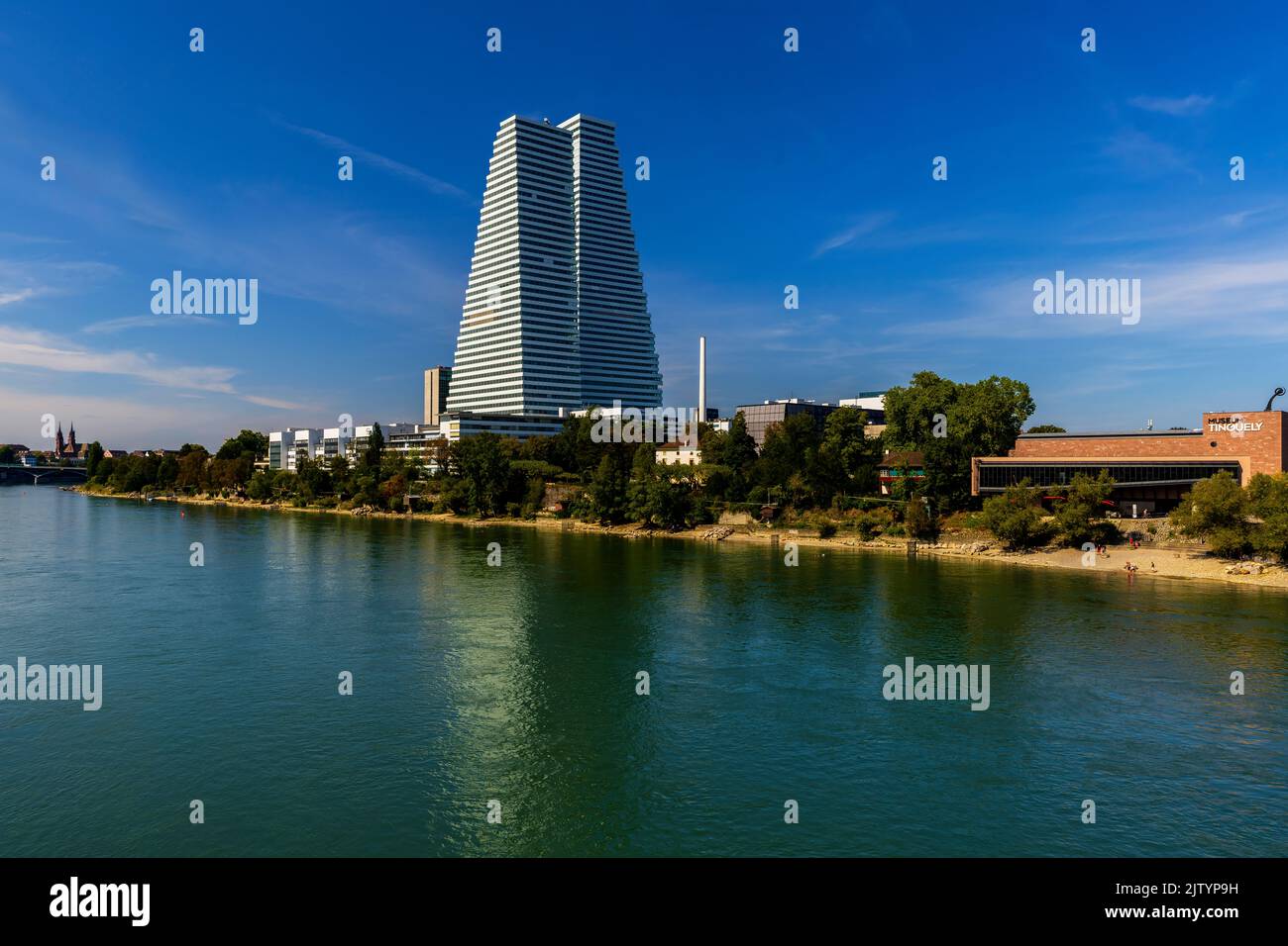 Roche building design by Herzog & de Meuron Architekten and Tinguely Museum design by architect Mario Botta. Located in the Solitudepark by the Rhine. Stock Photo