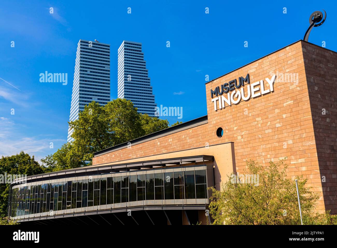 Roche building design by Herzog & de Meuron Architekten and Tinguely Museum design by architect Mario Botta. Located in the Solitudepark by the Rhine. Stock Photo