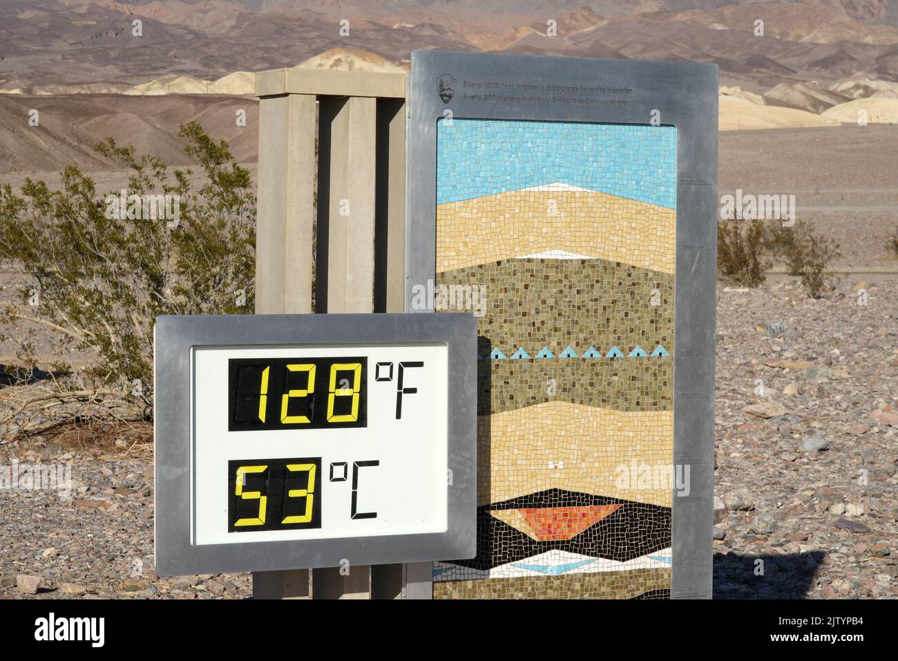 A thermometer at the Furnace Creek Visitor Center reads 128 degrees