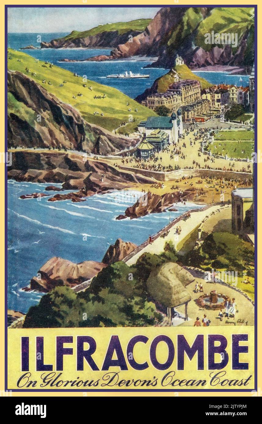 ILFRACOMBE Vintage 1950s UK British Holiday Vacation Travel Poster for Ilfracombe 'On Devon's Glorious Ocean Coast'. By Artist Henry Riley Stock Photo