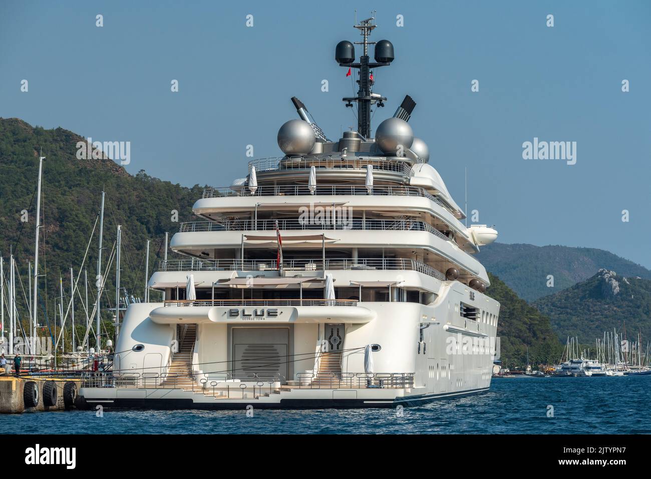 Marmaris, Turkey – September 2, 2022. Blue superyacht owned by Emirati billionaire Sheikh Mansour, in Netsel Marina port of Marmaris, Turkey. Formerly Stock Photo